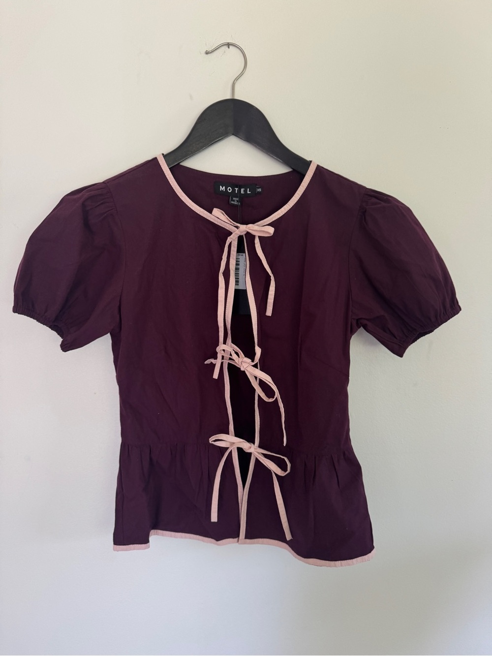 Motel Rocks Plum Tie-Front Puff Sleeve Top with Pink Trim Accents